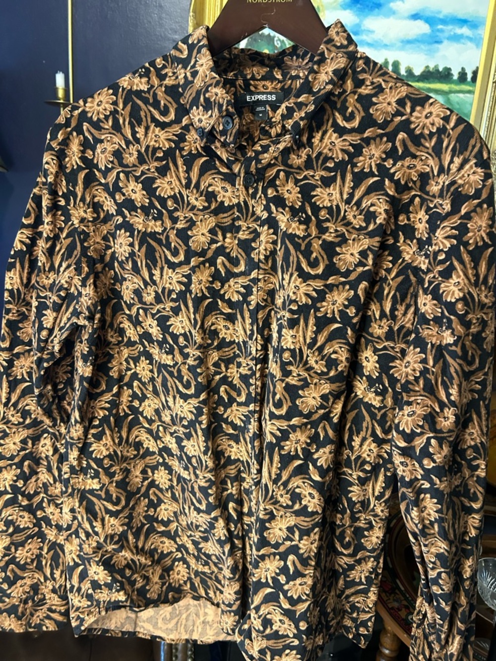 Express Black Button-Down Shirt with Tan Floral Print